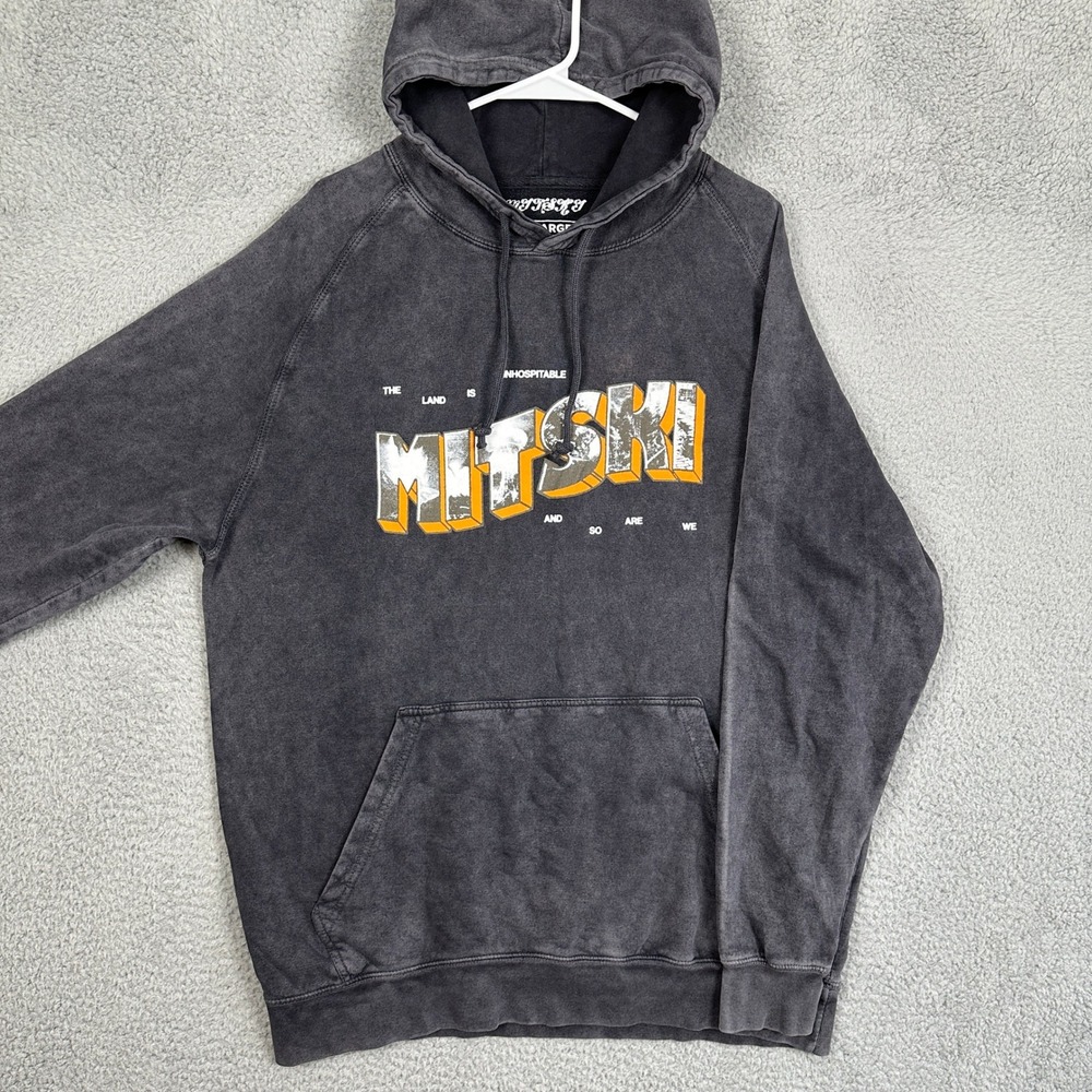 Mitski Mens XL Sweatshirt Hoodie Black Faded Washed Graphic Pocket Pullover EUC